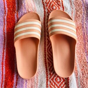 Adidas Peach-Pink Three-Stripe Slides